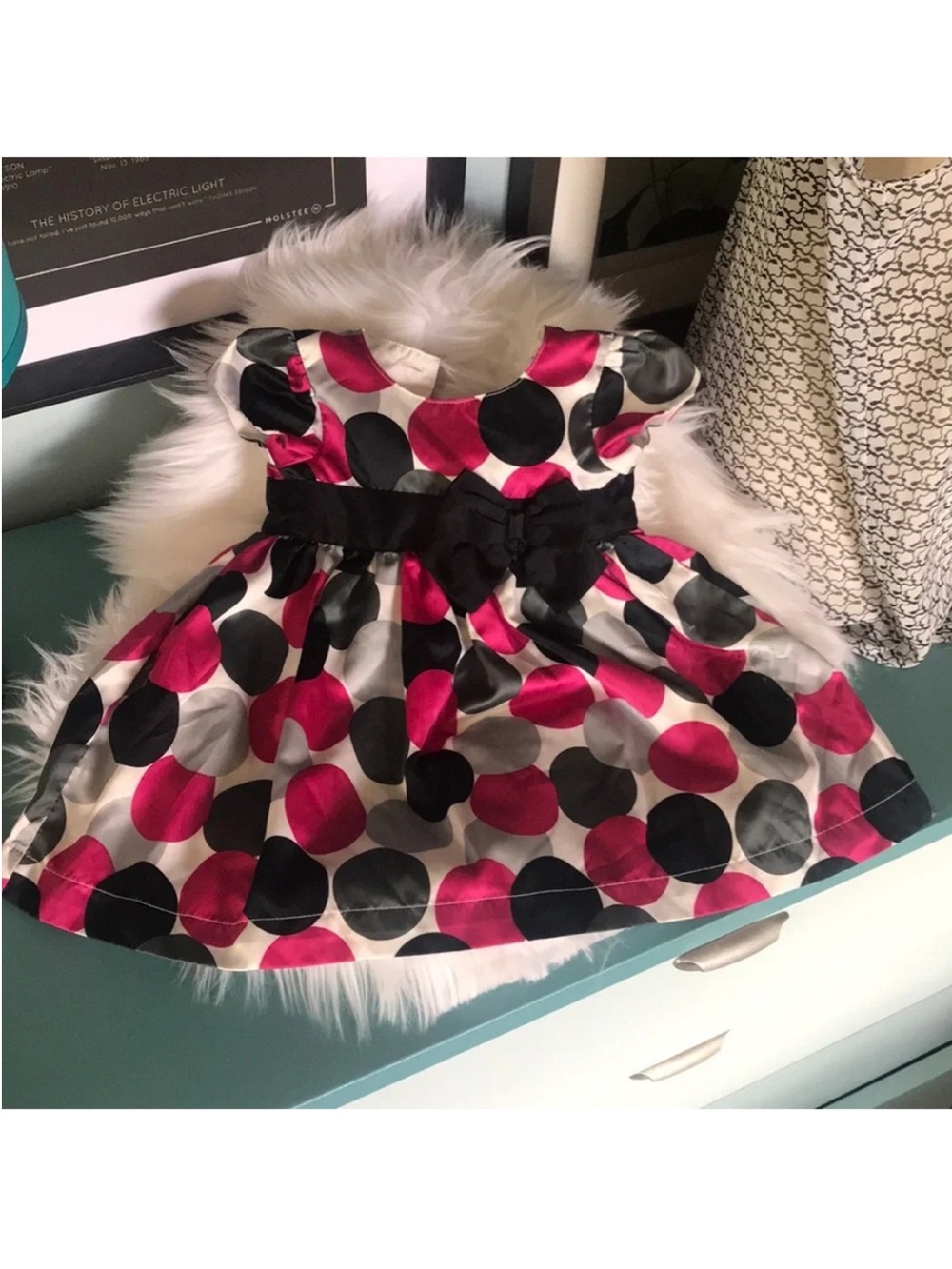 Cute Carters satin modern pink black white polka dot dress size 6 Mo